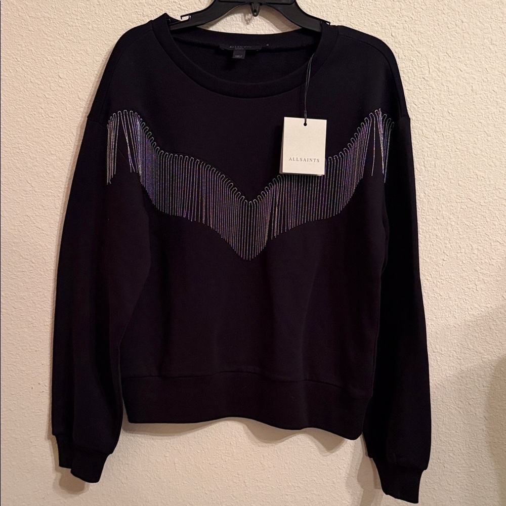 AllSaints Zaniah Black Sweatshirt with silver fringe New With tags